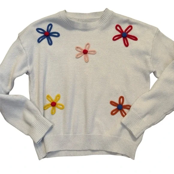 Floral Embroidered Women's Sweater - White - Size Small - Flower Detail - Picture 1 of 4